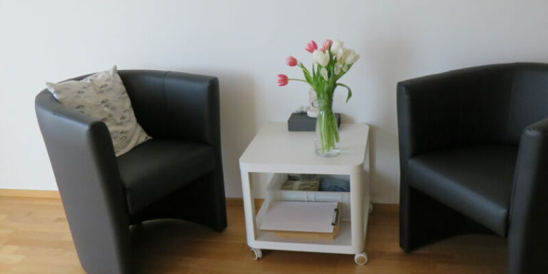 Praxisraum mit zwei Lederstühlen, weißem Beistelltisch und Tulpen.